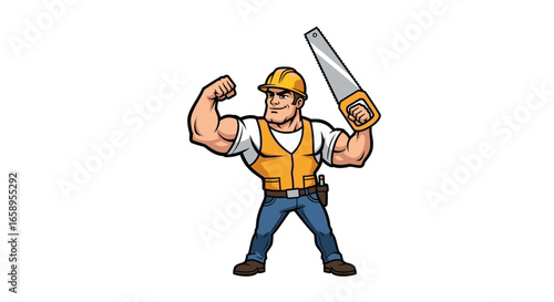Strong construction worker flexing muscles and holding saw isolated graphic