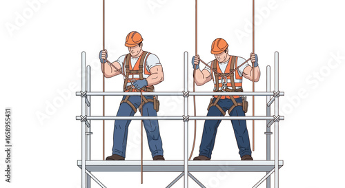 Two Construction Workers on a Scaffolding Illustration With Safety Gear