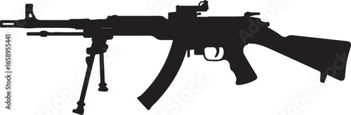 editable vector silhouette of heavy machine gun with tripod style bipod for assault combat tactical projects