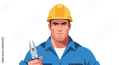 Vector Illustration of a Serious Electrician or Construction Worker Character