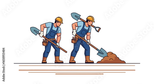 Two workers digging ground wearing protective gear working on construction
