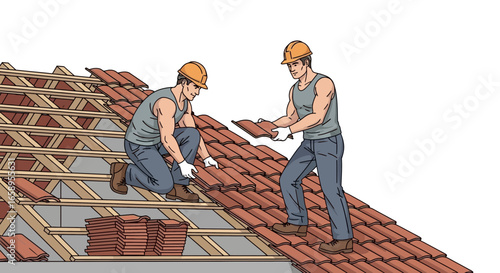Artistic rendition showing construction workers fitting roofing tiles expertly