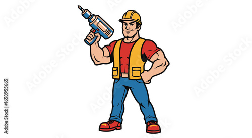 Cartoon builder character holding drill, tradesman in action illustration
