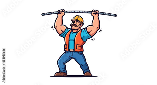 Cartoon builder demonstrating power with rebar above, isolated and stylized