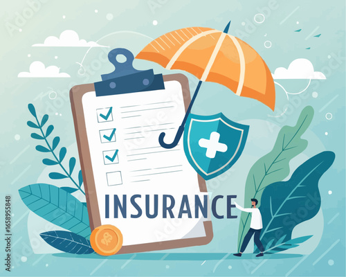 Insurance clipboard with umbrella and shield offering protection and financial security concept design