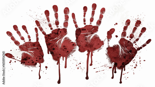 Four bloody handprints with dripping blood on a white background creating a scary and gory scene