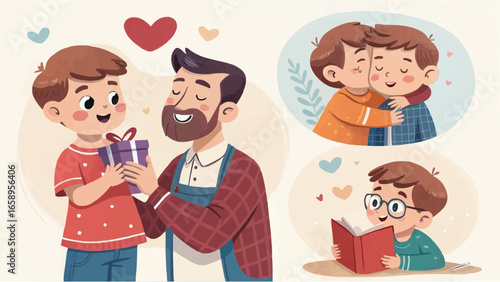 A father receives a gift from his son while dreaming of family moments and the child reading a book