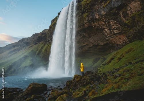 Side View of Iceland Waterfall with Person in Yellow Raincoat for Scale