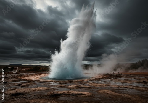Icelandic Geyser Erupting with Steam Against Moody Clouds and Volcanic Rocks