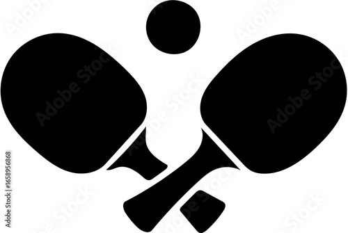 A bold black silhouette vector illustration of two crossed table tennis paddles with a ping pong ball above them