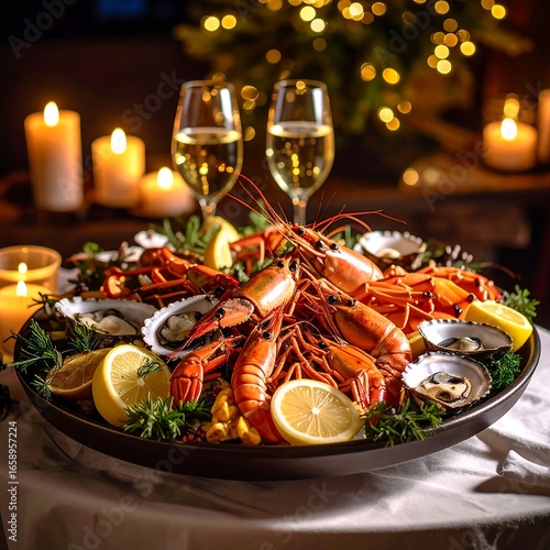 Festive seafood platter with wine
