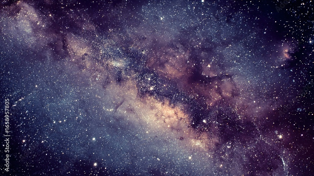 Fototapeta premium Cosmic background shows galaxy with stars and colorful nebula clouds.