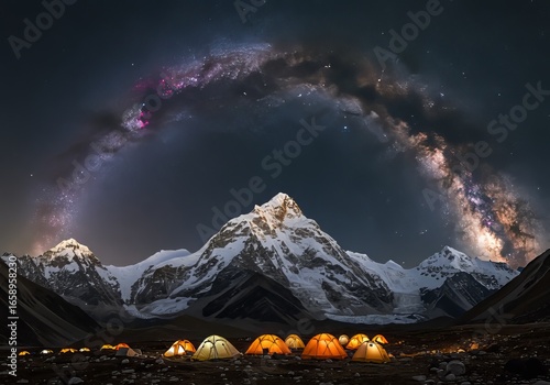 Night View of Mount Everest with Milky Way and Glowing Climber Tents