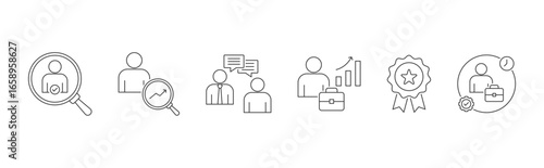 Employee Management vector icon set with hiring, monitoring, interacting, developing, rewarding and disciplining icon concept illustrator