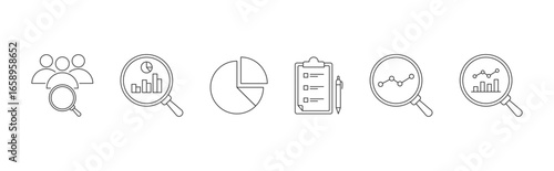 Market Research vector icon set with customer research, competitive analysis, market segmentation, survey, analysis and evaluation icon concept illustration