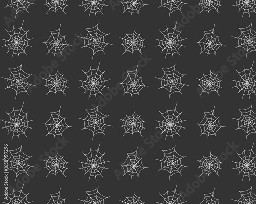 Pattern of white spiderweb silhouettes. Isolated black background. Halloween design. Vector illustration in flat style.