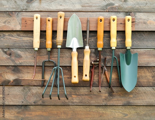 Garden tools on wooden wall