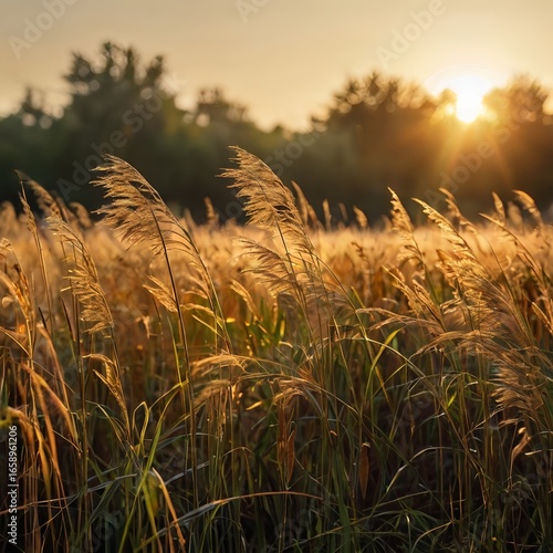 Golden sunlight on wild grass meadow during sunset