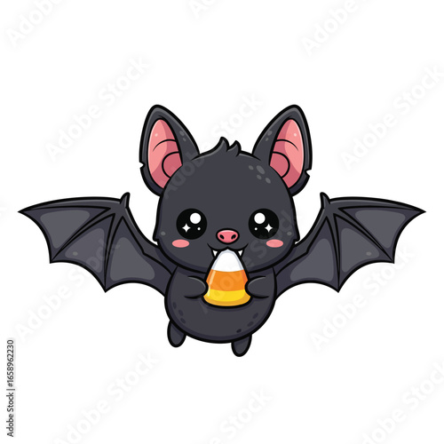 Adorable Cartoon Bat Holding a Candy Corn for Halloween, Cute and Spooky Illustration
