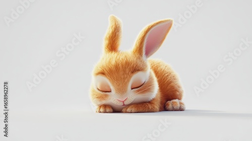 Cute Fluffy Orange Rabbit Sleeping Peacefully Against a Clean White Background