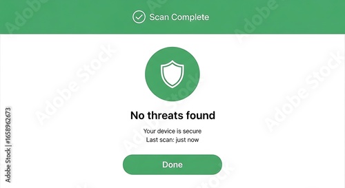 Antivirus scan complete showing no threats found on the device, indicating it is secure.