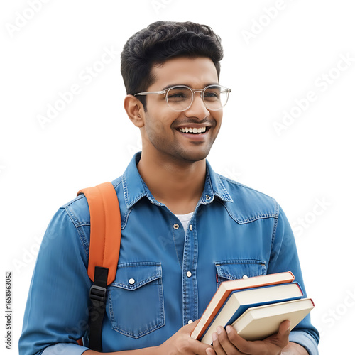 Smiling young man holding books isolated on transparent background