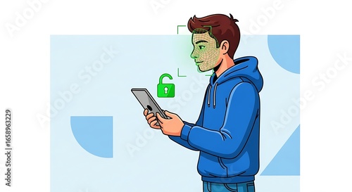 Young man using facial recognition technology to unlock a digital device, symbolizing biometric security and modern access methods.