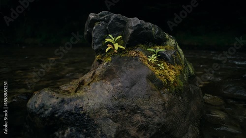 Mountain water stream gently moving around dark textured rocks in daylight – Atmospheric cinematic shot.