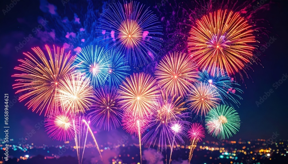 Naklejka premium A vibrant display of fireworks lights up the night sky, with a background of distant city lights, creating a festive and celebratory atmosphere.