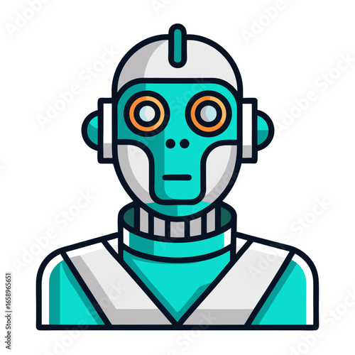 Friendly cartoon robot with green accents and big eyes