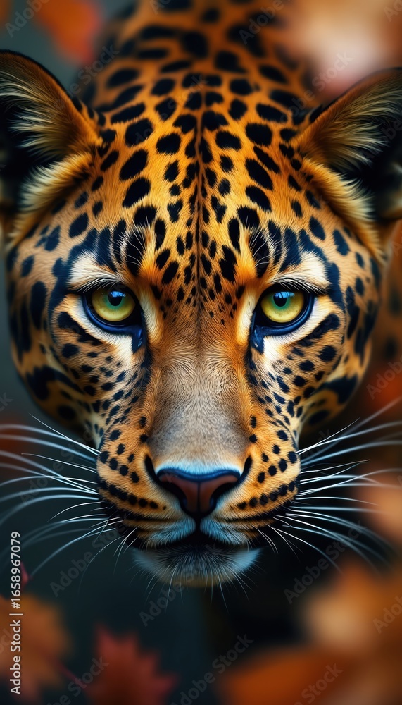 Obraz premium Leopard intense gaze merges with autumn leaves. Majestic presence blends into natural environment, revealing enigmatic nature of elusive predator. Spotted fur, alert eyes convey sense of focused