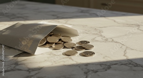 Coins spilling out of an envelope on a marble countertop  