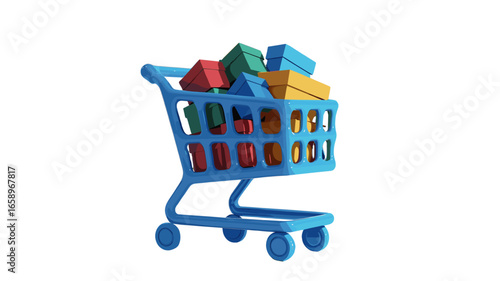 A shopping cart filled with colorful gift boxes, representing consumerism and retail.