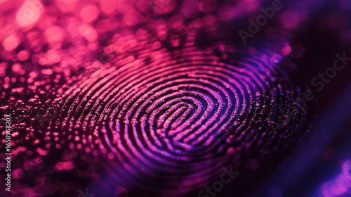 Close-up of a fingerprint with pink and purple lighting, creating a unique and abstract visual.
