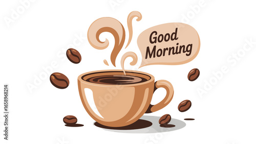 A refreshing cup of coffee with a Good Morning message.