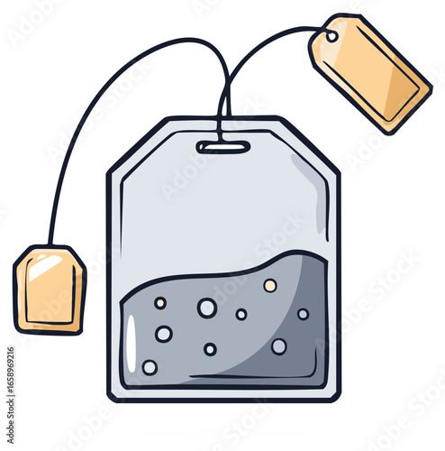 Illustrated tea bag with water and bubbles, cartoon style, isolated