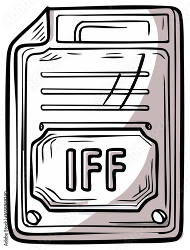 Hand drawn retro floppy disk with IFF text vintage data storage technology illustration
