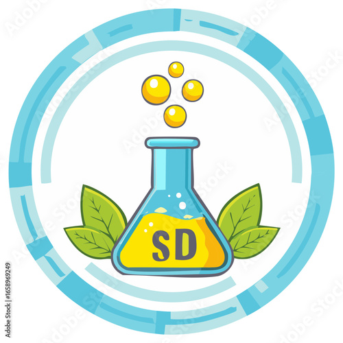 Flask with Yellow Solution and Bubbles Icon on Green Leaves with Abstract Blue Circle