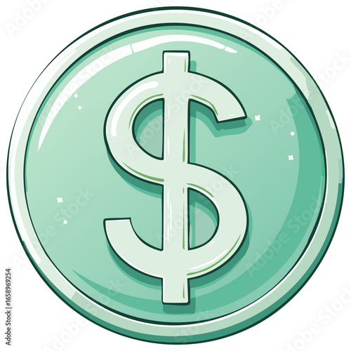Cartoon dollar coin with mint green color and shiny appearance