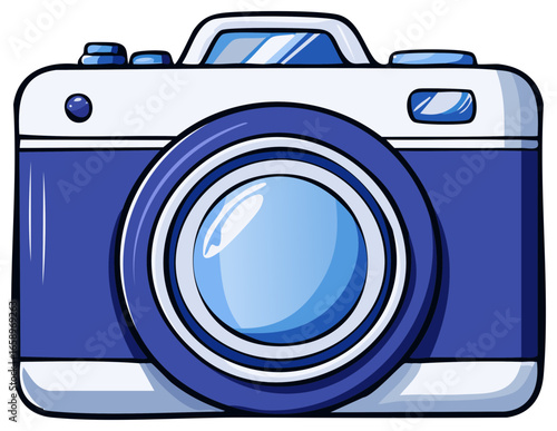 Cartoon Style Camera in Blue and White for Photography or Travel Concepts