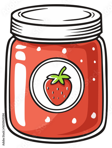 Jar of strawberry jam with illustration of a strawberry on the label