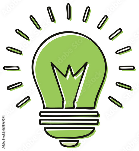 Light Bulb with Green Light and Rays: Symbol for Energy, Ideas, Innovation and Inspiration