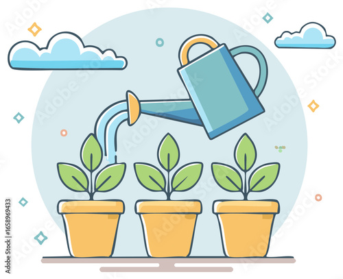 Plants Nurturing with Watering Can for Growth Gardening Concept Design