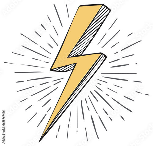 Hand drawn yellow lightning bolt with flash rays in a retro comic book style illustration