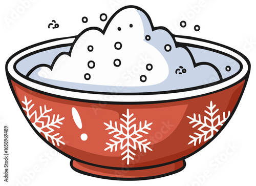 Red Bowl with Snowflakes Filled with Bubbles, Froth, or Foam, Kitchenware, Cartoon Style