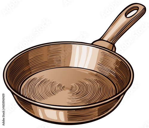 Detailed illustration of a copper frying pan with handle isolated on white.