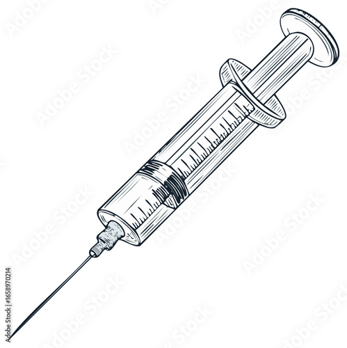 Vintage Sketch of a Medical Syringe with Sharp Needle and Measurement Markings