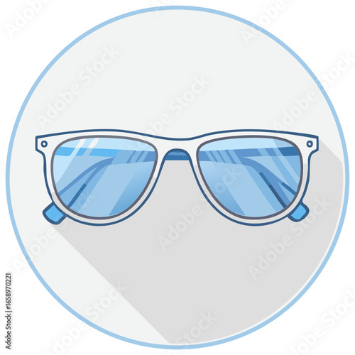 Stylish sunglasses illustration within a blue circle with drop shadow for design concepts