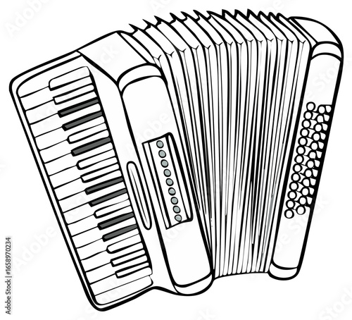 Accordion illustration, a musical instrument drawn in black and white