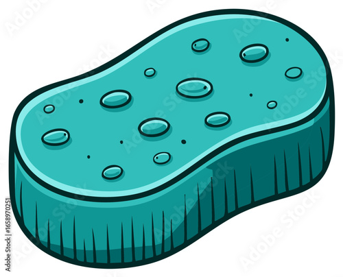 Cartoon style aqua colored sponge with water droplets